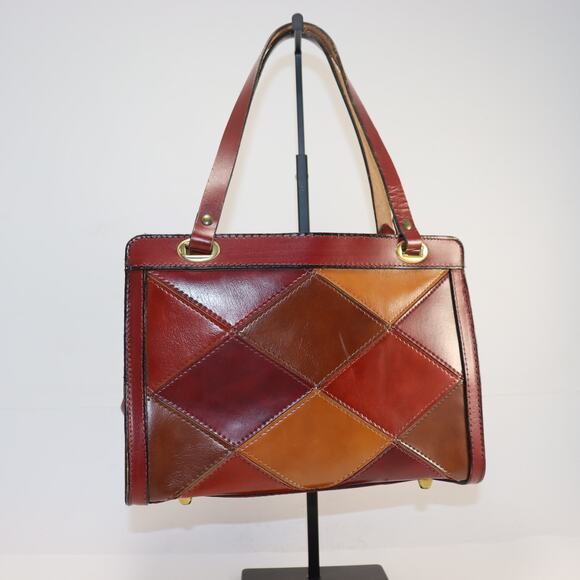 Burlington Patchwork Leather Satchel Red Brown Tan Vintage Style Kiss Lock - Picture 2 of 6